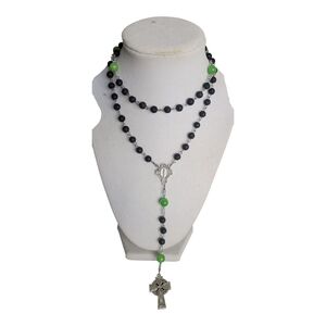 Elegant Rosary Beads Silver & Green Beaded Necklace with Miraculous Medal 19.5"